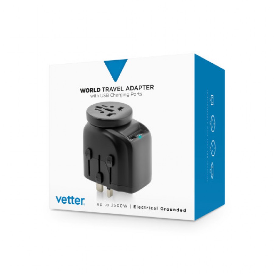 Adaptor priza Vetter Universal World Travel Adapter with Dual USB Charger 2500W Grounded Black