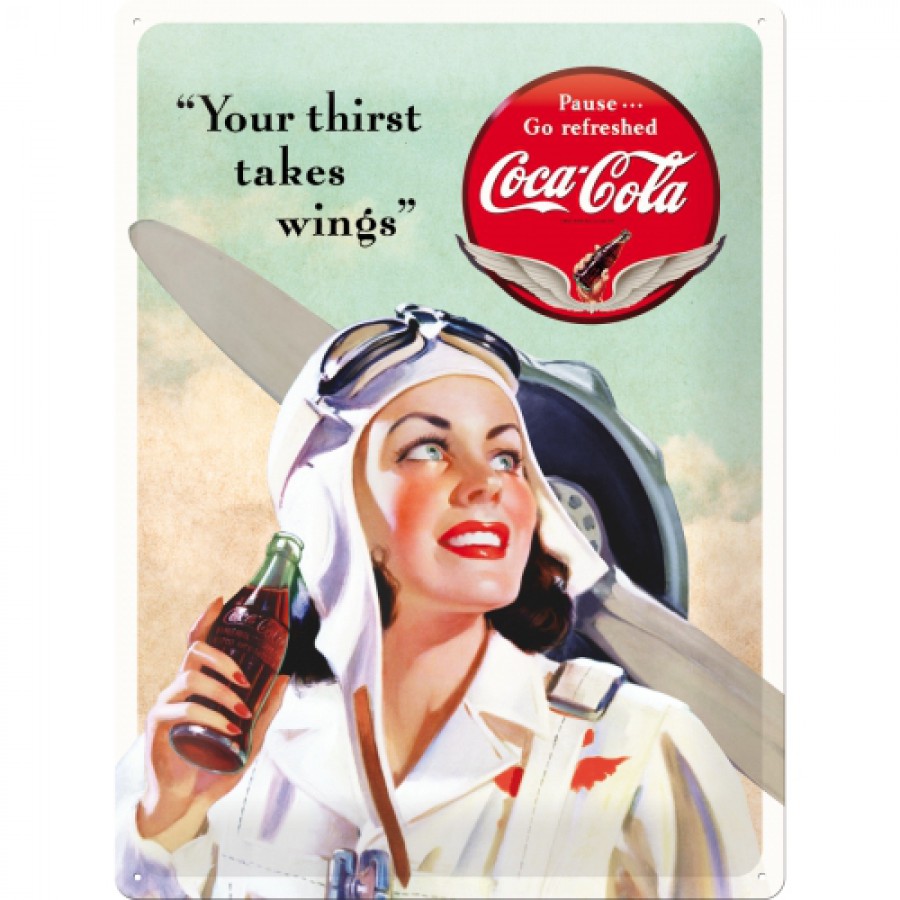 Placa metalica 30X40 Coca Cola Takes Wings Lady