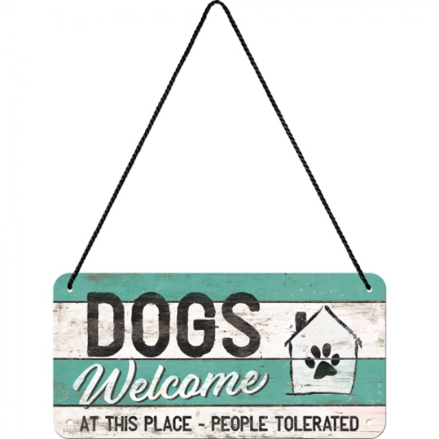 Placa metalica cu snur 10x20 Dogs welcome 1